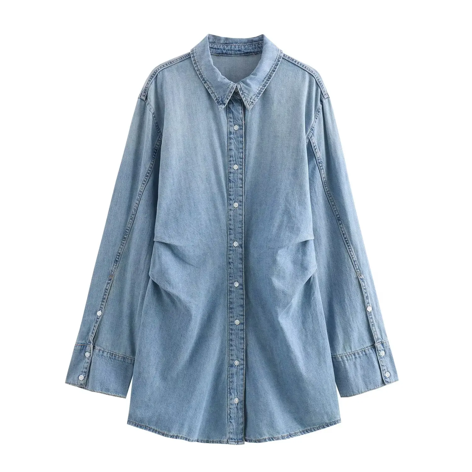 

Fashion Soild Color Denim Shirts For Women Streetwear Plus Size Loose Long Sleeves All Match Commuting Flip Collar Dress
