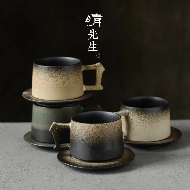 

★Jingdezhen Ceramic Frosted Coffee Cup Handmade with Saucer Cup Kiln Baked Special Water Cup Retro Fine Sand Texture Drinkware