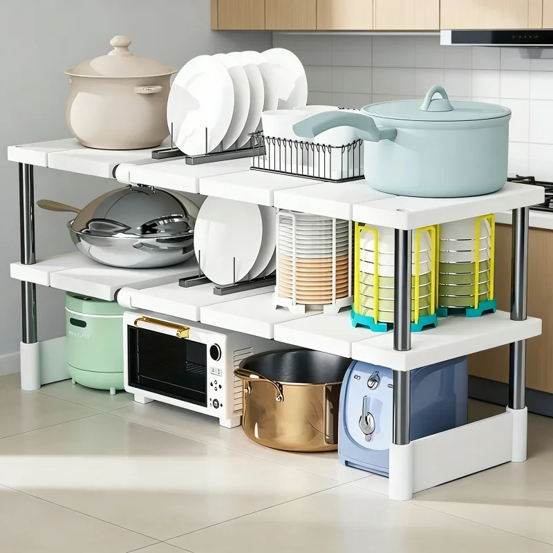 

Регулируемая подвесная полка для хранения под раковиной, расширяемый органайзер для кухни и ванной, прочный многоярусный держатель для кастрюль, экономящий пространство