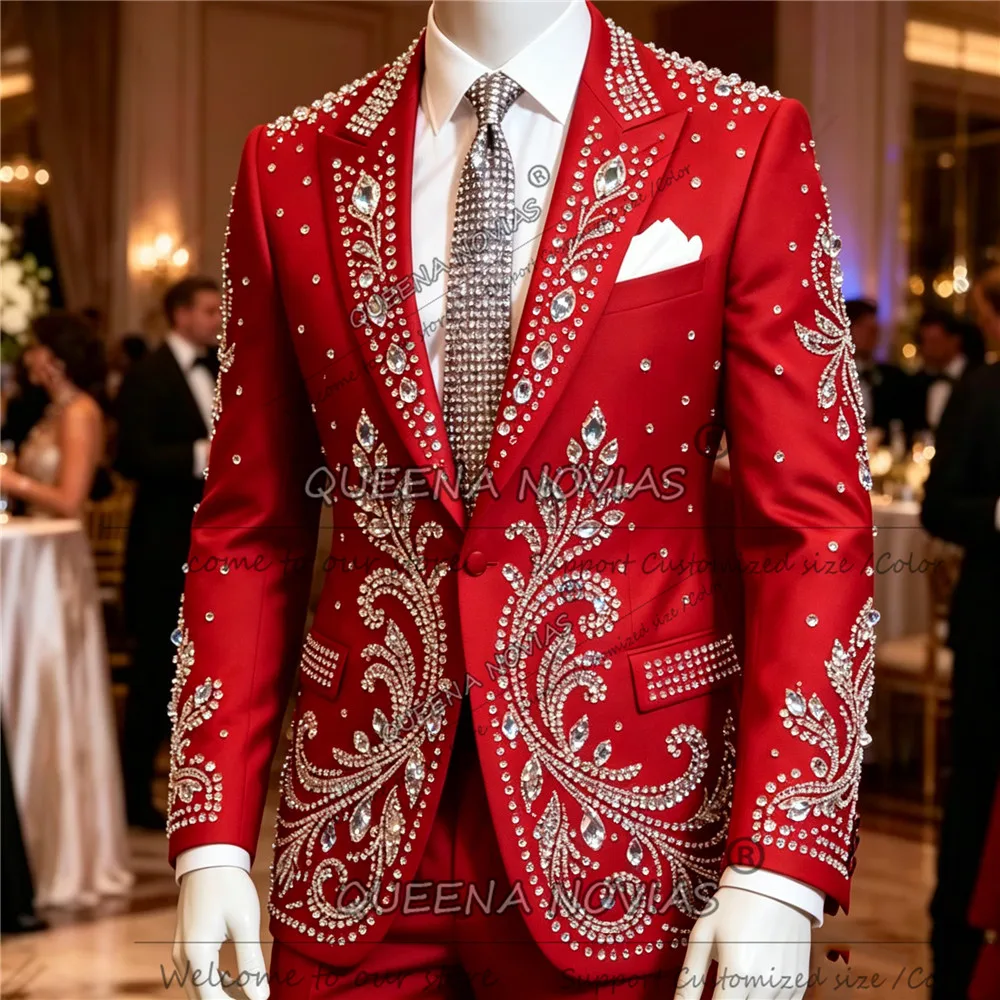 

Exquisite Men's Suit For Wedding 2 Piece Sets Rhinestone Beaded Jacket Pants Slim Fit Groom Prom Blazer Customized Ropa Hombre