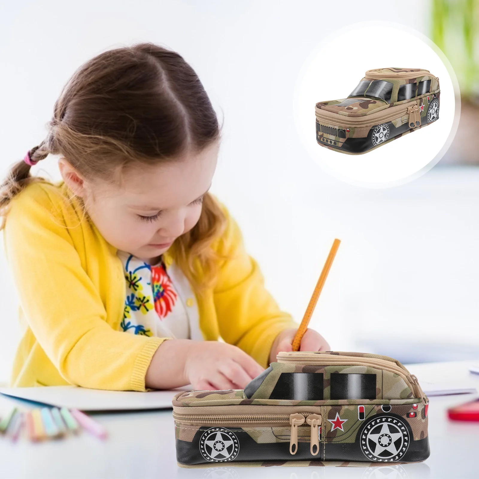 Pencil Case Large Capacity Yellow Off-Road Vehicle Pattern Nylon Stationery Organizer Password Lock for Kids