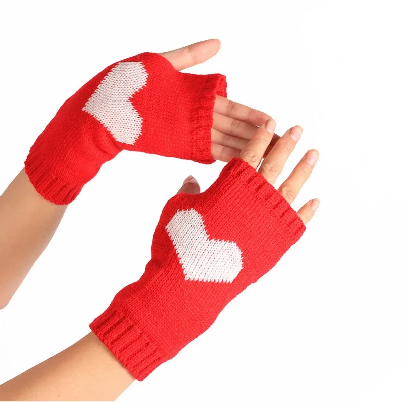 Knitted Woolen Warm Gloves with Big Heart Pattern, Knitted Gloves with Missing Fingers, Winter and Autumn Protective Gloves