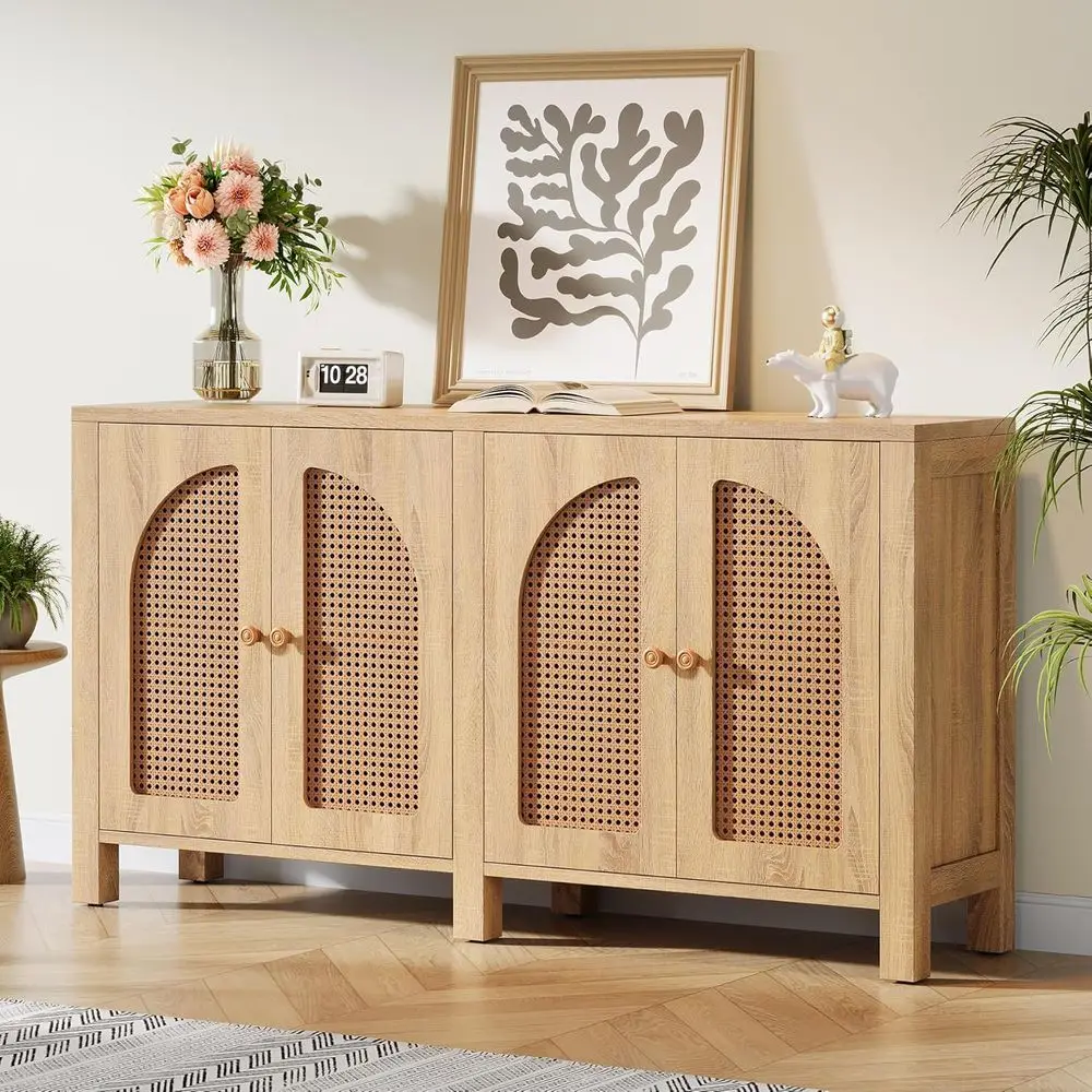 4-Door Rattan Sideboard with Storage for Living Room, Kitchen, or Entryway