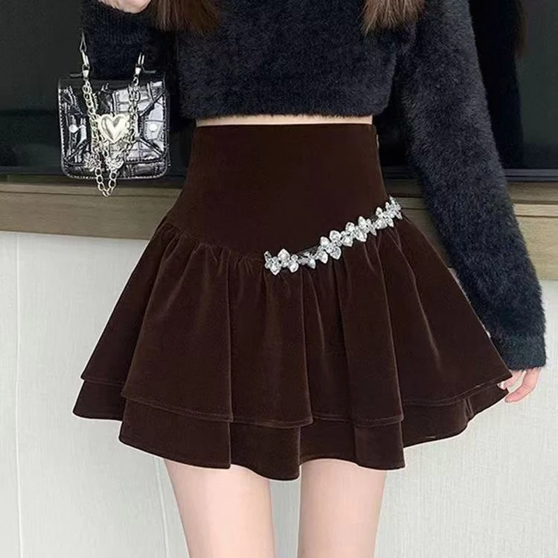 High-Waist Slim Mini Blackmini Dress Skirt Women's Elegant Winter Princess Style Silk Velvet Cake Skirt