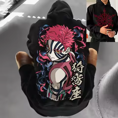 Anime Demon Slayer Akaza Print White Hoodie, Oversized Streetwear Sweatshirt for Men Women Long Sleeve Casual Autumn Top, Unisex