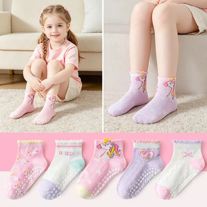 5 double mesh girls unicorn design with glue non-slip short tube children's socks for 1-12 years old girls