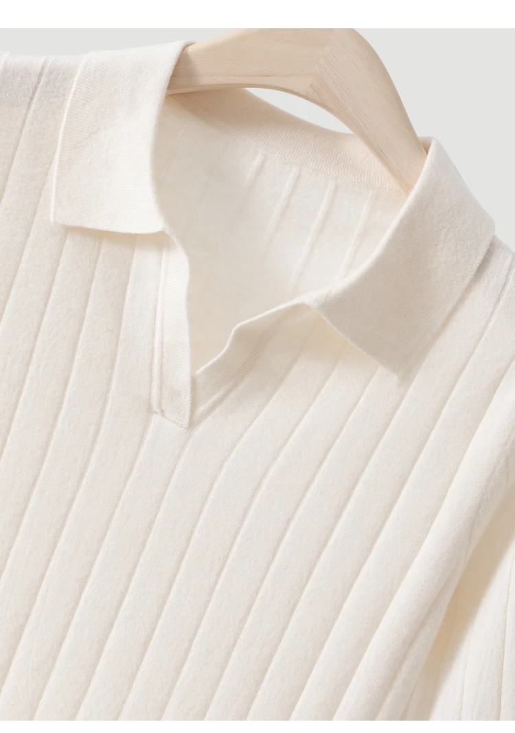 MZ62056 Damen-Pullover mit Polokragen, offenem V-Ausschnitt, kurzen Ärmeln, geripptem Strick, einfarbig, weiche Modal-Mischung, lässiges Oberteil für den frühen Herbst. – Detail 16