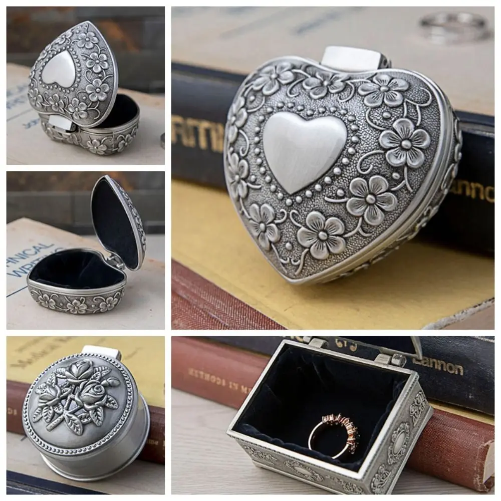 

Vintage Flower Metal Jewelry Box Heart Shaped Dustproof Ring Bracelet Organizer Small Size Home Decor Ring Trinket Storage
