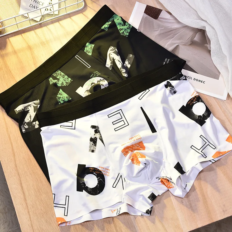 Men's Underpants Summer Ice Silk Thin Paragraph Creative Printing Trend Fashion Boxer Shorts Loose Boys Four Corner Pants