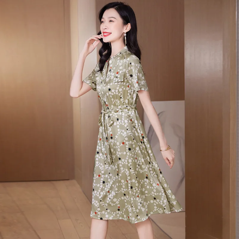 9539 Satin Heavy Silk Dress Female Summer New 2024 Fitted Waist Figure Flattering Shirt Silk Skirt Temperament