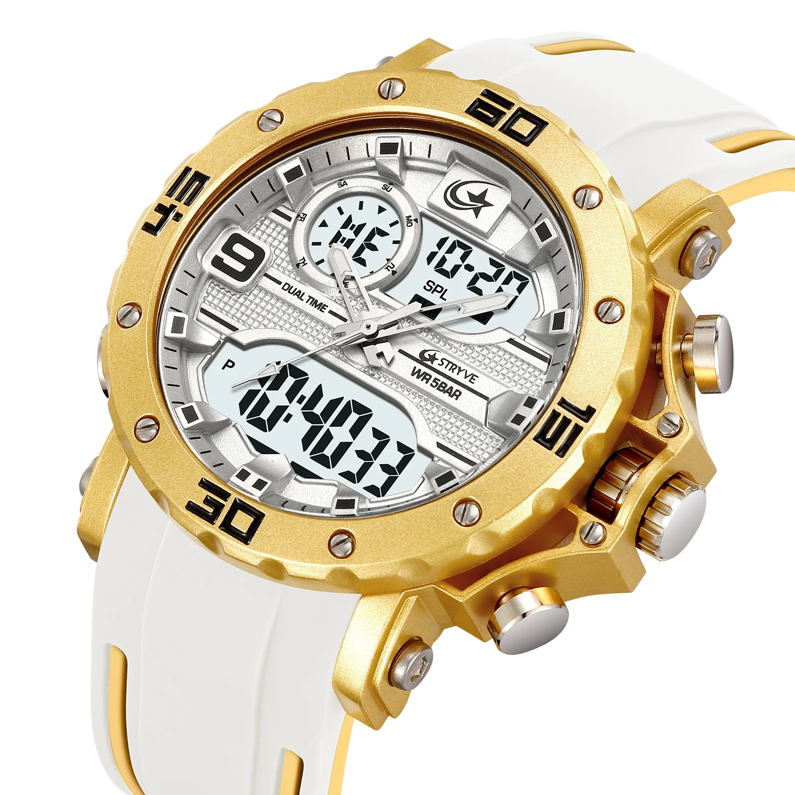 

STRYVE 8032 Мужские цифровые спортивные часы с двойным дисплеем, 5 атм, водонепроницаемые, с ночником, студенческие электронные часы