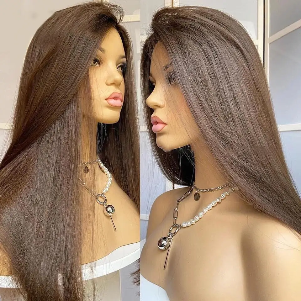 Peluca larga y suave para mujer, postizo de encaje frontal liso de 26 pulgadas, color marrón, 180% de densidad, pelo de bebé sintético predespuntado, sin pegamento, moda diaria