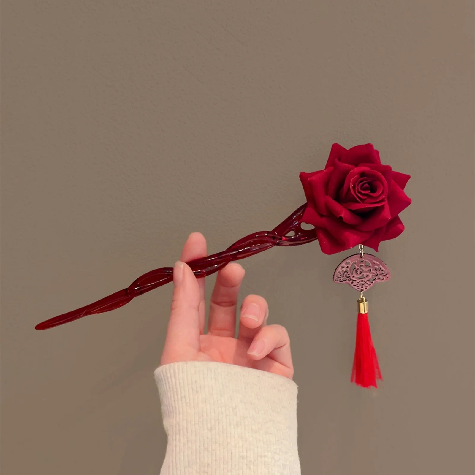 1PC Hair Stick For Women Chinese Vintage Style Red Rose With Tassel&Fan Detail Fashion Hair Accessory For Traditional&Daily Wear