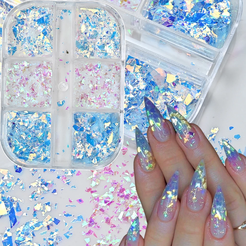 6 Grids Aurora Opal Nail Flakes Irregular Holographic Blue Pink Rainbow Glitter Foil Sequins Dreamy Sticker Nail Art Decorations