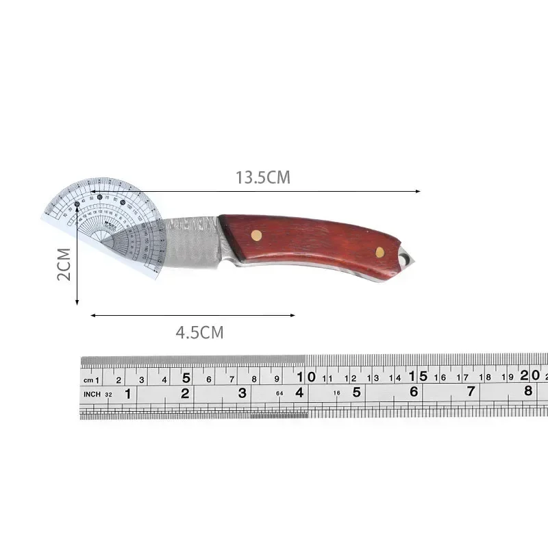 Outdoor Portable 3CR13 Stainless Steel Damascus Pattern Fixed Blade Keyring EDC Practical Leather Cover