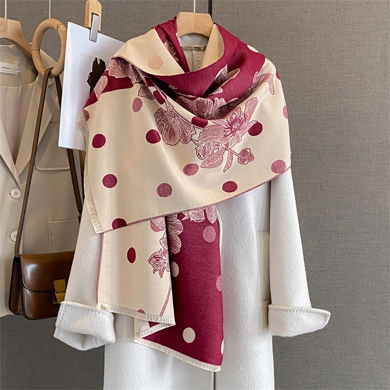 

Luxury Dot Flower Winter Ourdoor Travel Women Scarf Cashmere Thicken Warm Shawl Pashmina Scarves Female Wrap Ladies Blanket