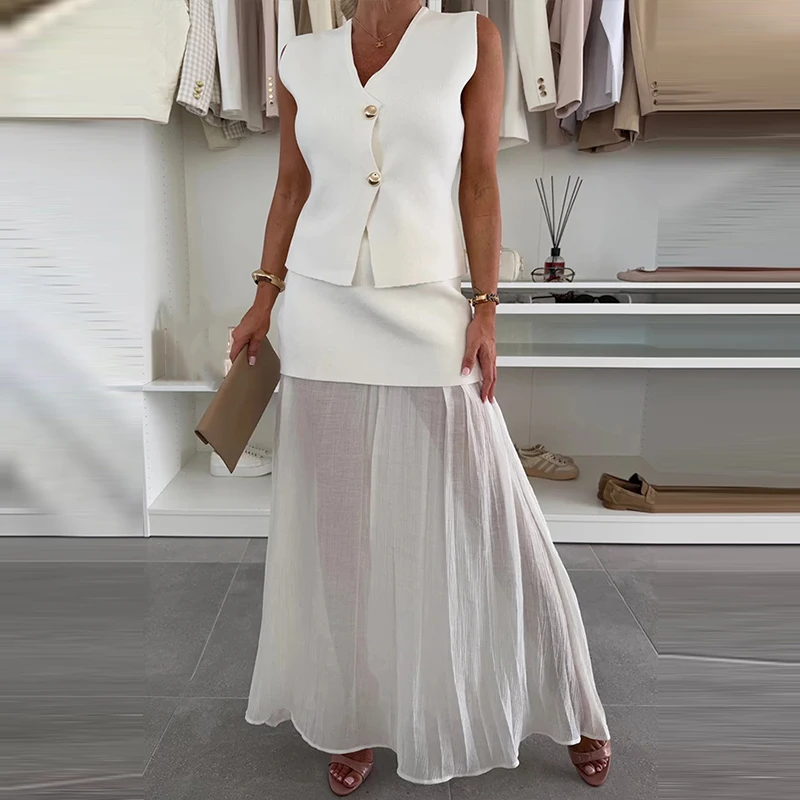 

New Summer V Neck Sleeveless Patchwork Vest Set Lady Temperament Slim Long Skirt 2pc Set Fashion Solid Color Pleats Party Outfit