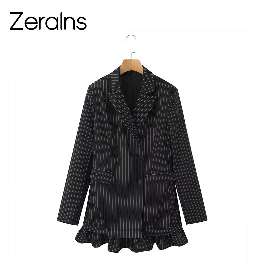 

ZERAINS New women's fashion European and American style simple ruffled hem double breasted striped suit