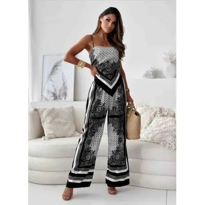 Conjunto estampado em cetim feminino, estilingue casual com renda em cima, calça de perna larga, moda verão