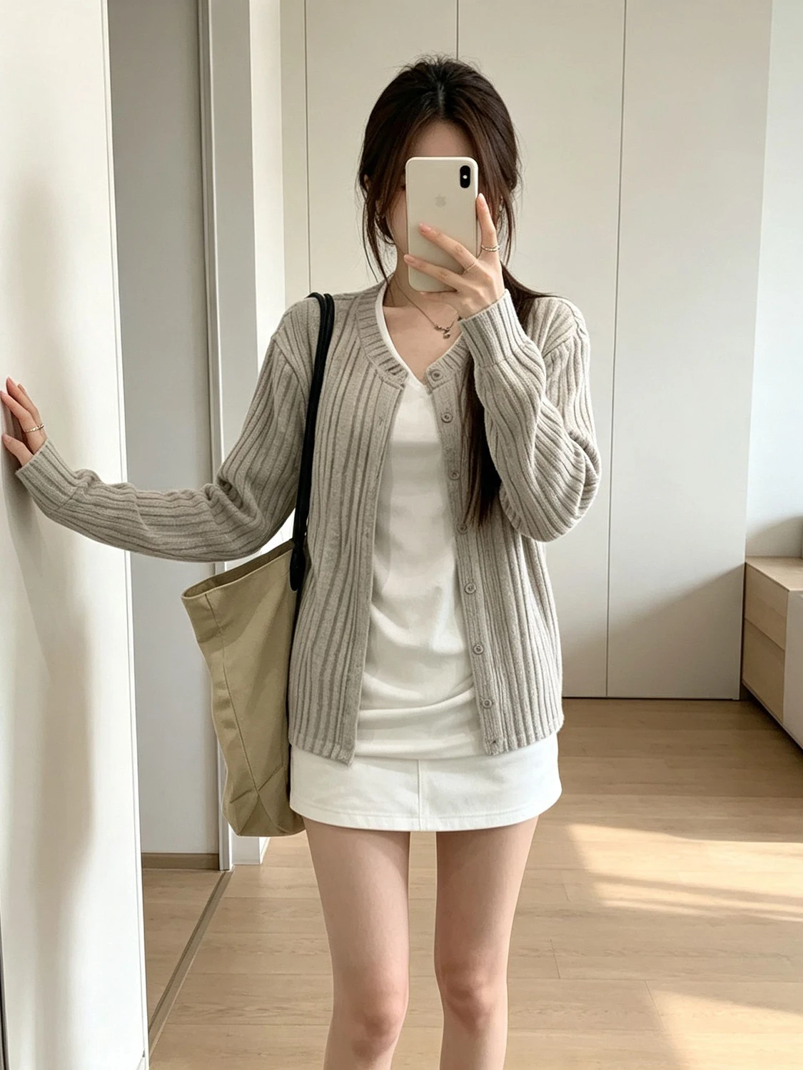 Korean Early Autumn White Short Sleeve T-Shirt Women's Outer Long Sleeve Knitted Open Cardigan Short Style Jacket Two-Piece Set