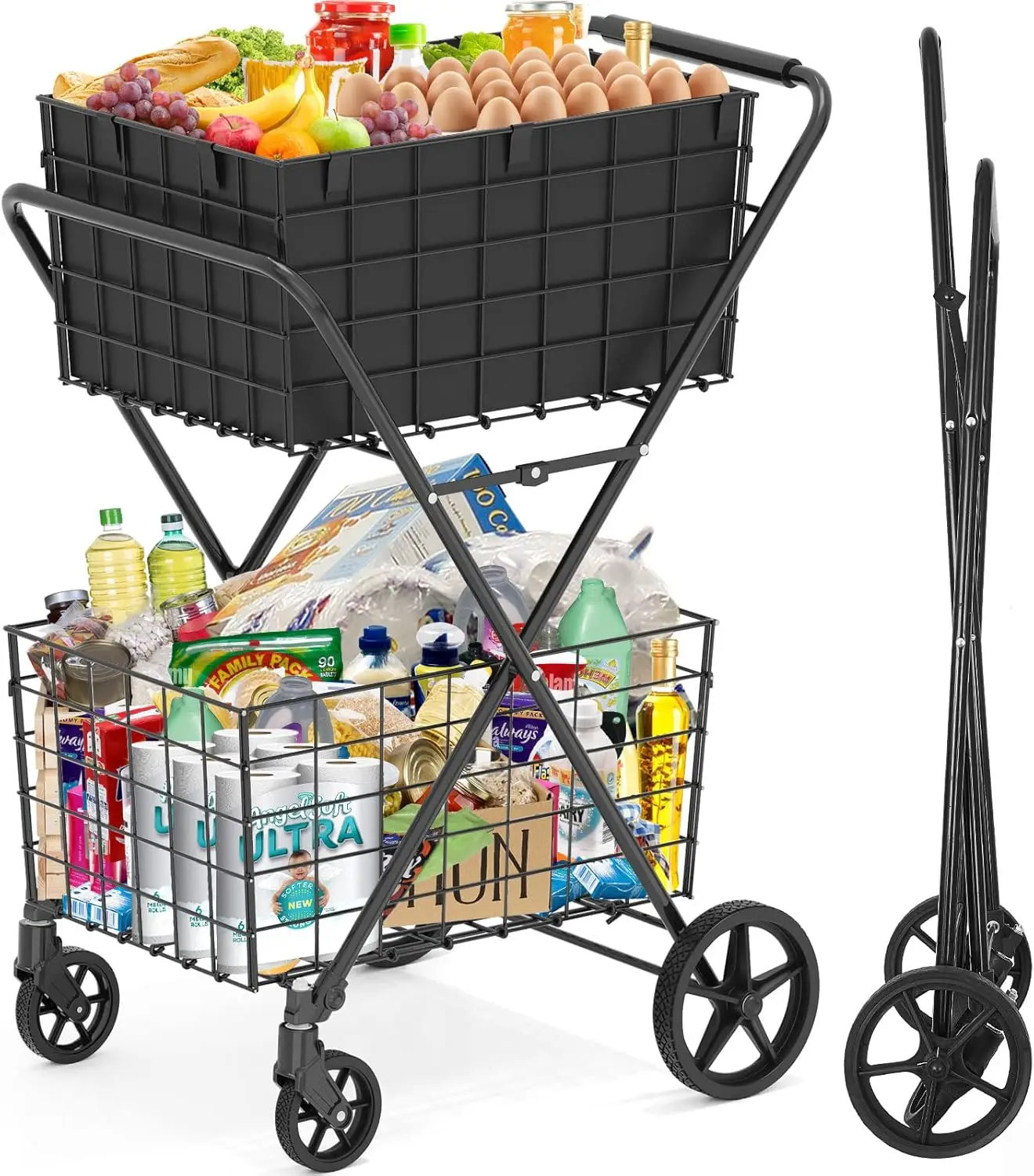 Tier Extra Large Collapsible Grocery Cart On Wheels, 400lbs Shopping Cart For Groceries With 2 Removable Baskets, Water