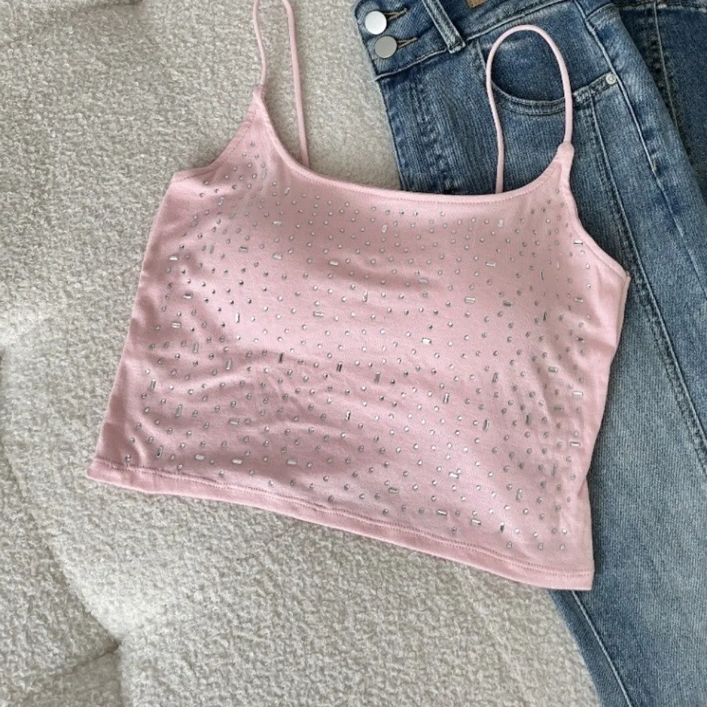 Cotton Diamond Embedded Vest Padded Cups Highly Elastic Sequin Camisole Body-Shaping Solid Color Vest Blouses Party Wear