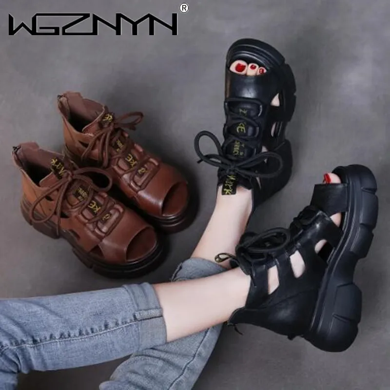 Summer Ladies Retro Sandals Platform High Top Luxury Design Fashion Laces Lace Up Boots Open Toe Soft Sneaker Outdoor Breathable