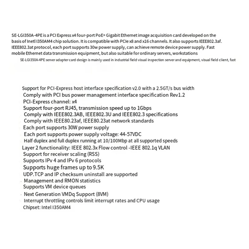 PCI-E X4 Gigabit 4-Port Poe Server Network Card Server I350AM4 Ethernet Vision Network Card 9.5K Lan Adapter