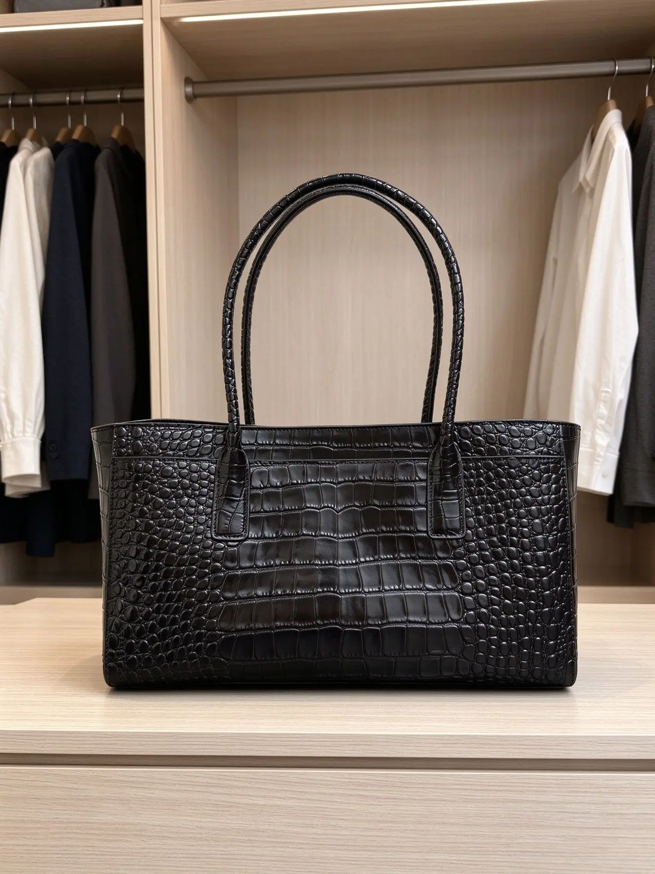 Women Large Capacity Tote Shoulder Bag Crocodile Embossed PU Leather Rectangular Handbag Office Work Commute Ladies Purse