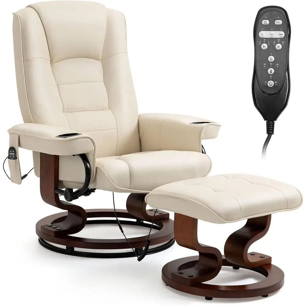 Beige Leather Recliner Chair with Vibration Massage and Ottoman, Swivel Living Room Furniture