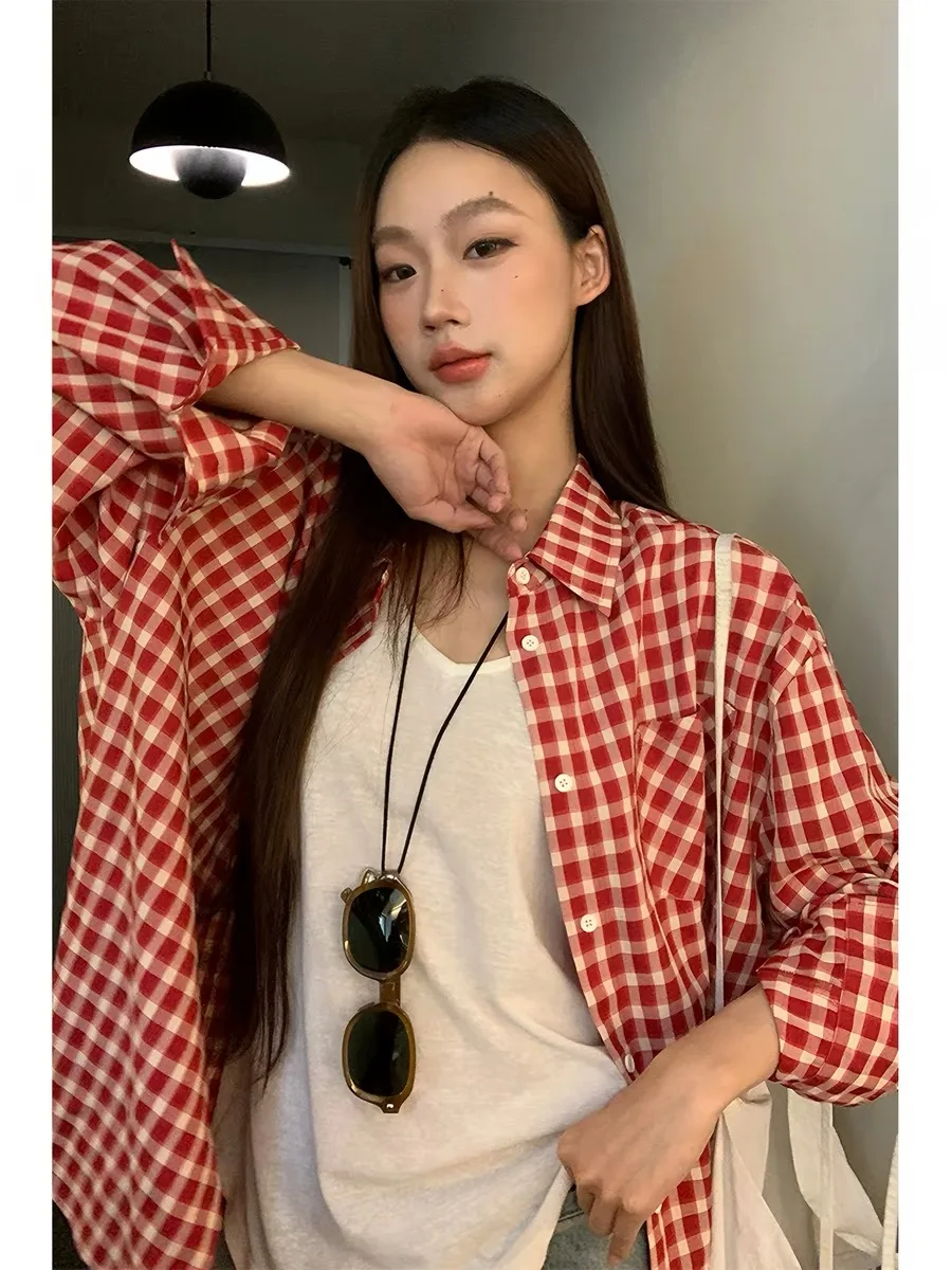 2026 Y2k Autumn Women New Vintage Red Plaid Turn-down Collar Over-shirt Long Sleeve Streetwear Loose Patchwork Harajuku Blouses image 4