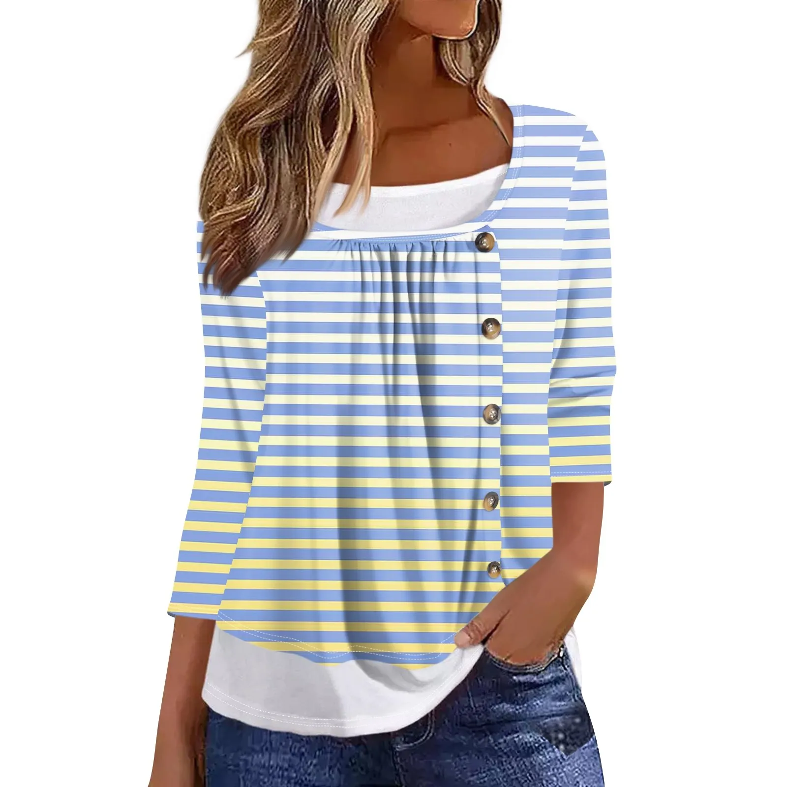 T-Shirt 3/4 Sleeve Round Neck Fake Two Pieces Daily Weekend Fashion Basic Regular Top For Women Striped Loose Ropa De Mujer