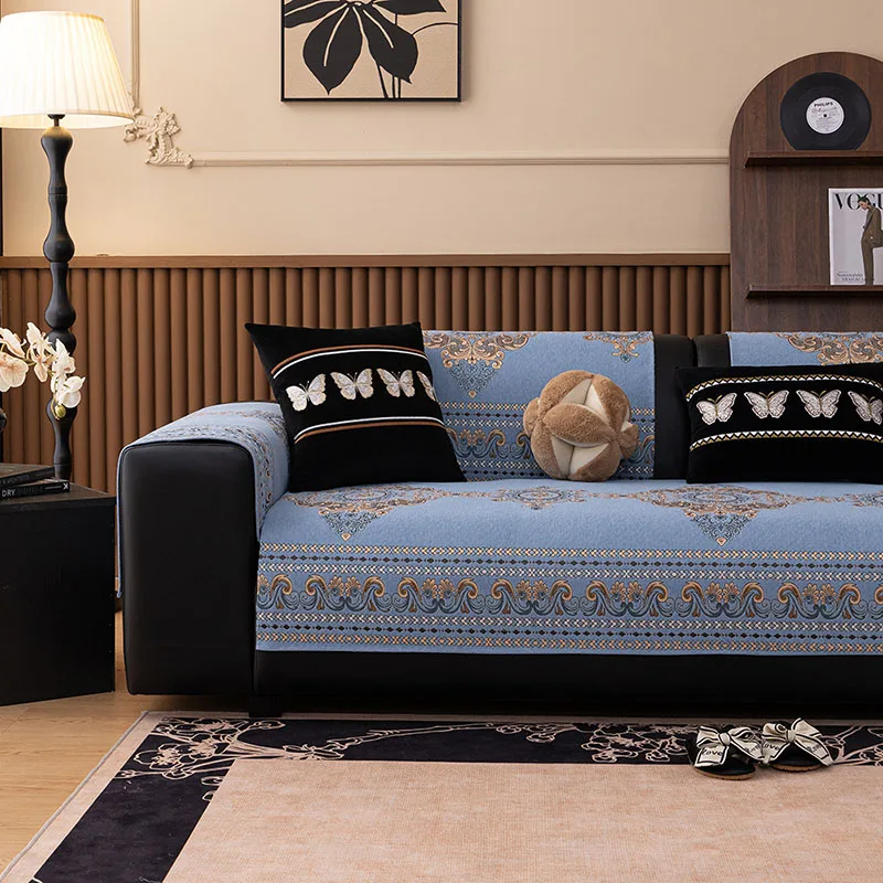 European Geometric Patterned Sofa Cushion High-End Chenier Couch Cover for All Seasons Anti-Wear Anti Slip Protection Slipcover