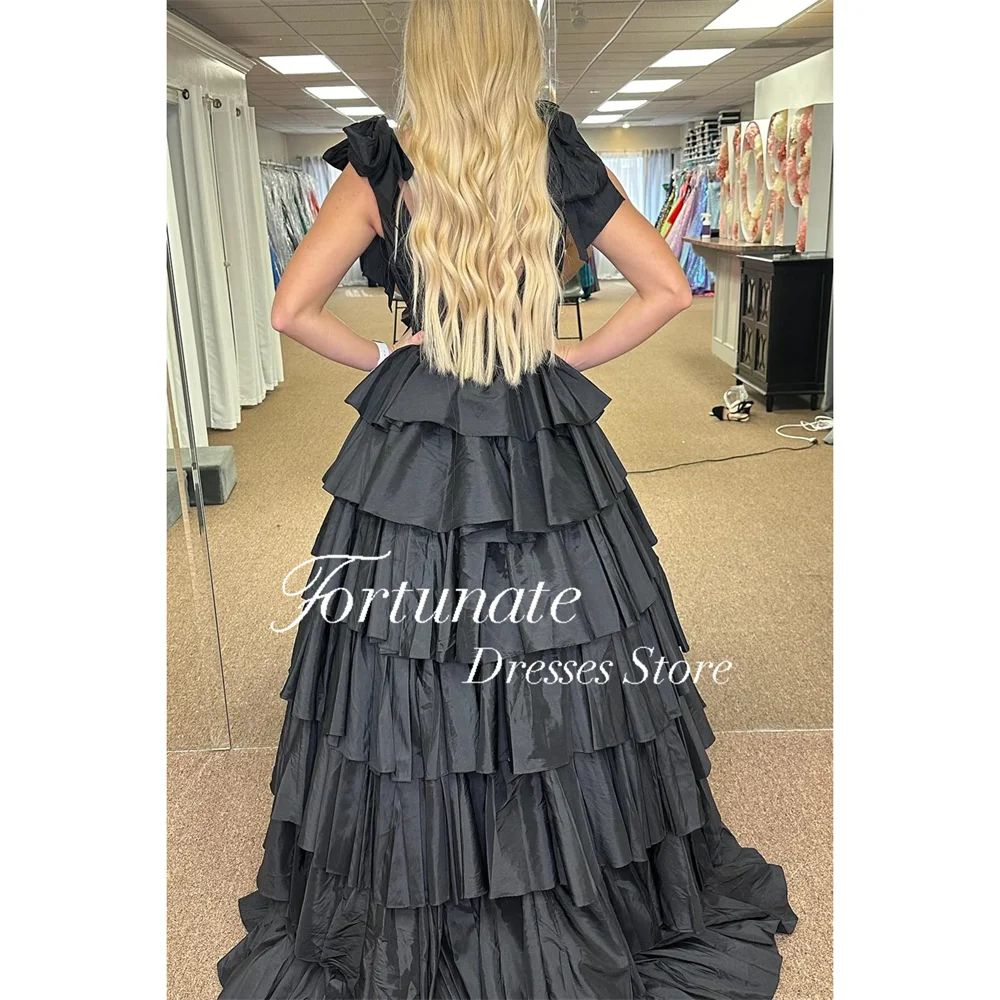 Fortunate Black V-Neck Evening Dresses With Bow A-Line Formal Prom Dresses Spaghetti Strap Saudi Arabric Prom Gowns Side Split