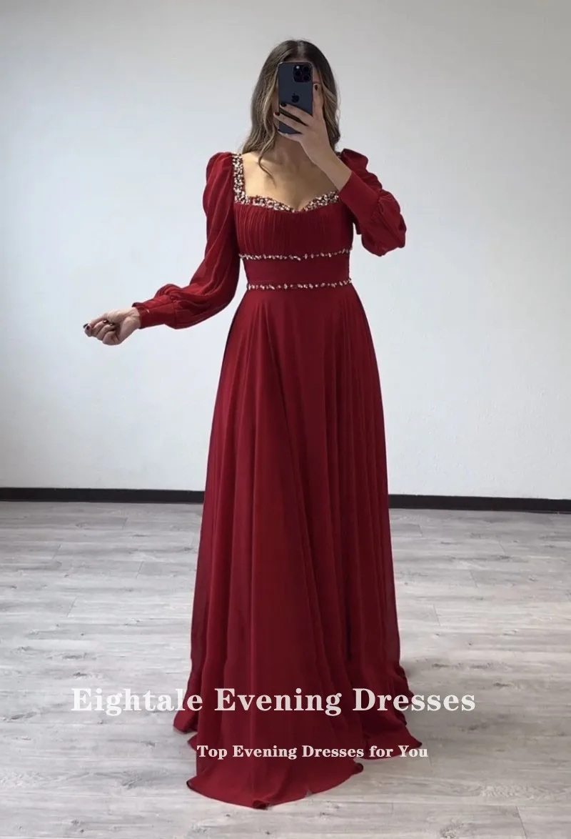 Eightale Burgundy Evening Dresses Sweetheart Beaded Long Sleeves Arabic Chiffon Prom Gown for Wedding Party robe soiree