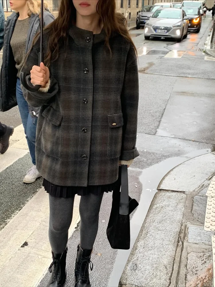 أزياء منقوشة مقنعين معطف الصوف المرأة شيك عكسها واحدة الصدر جيب كم كامل سترة فضفاضة سيدة Ommute معاطف الشارع