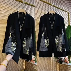 Luxury Diamond V Neck Jackets For Women Shinny Black Loose Long Sleeve Coat 2024 Elegant Evening Party Club Ladies Outwear Top