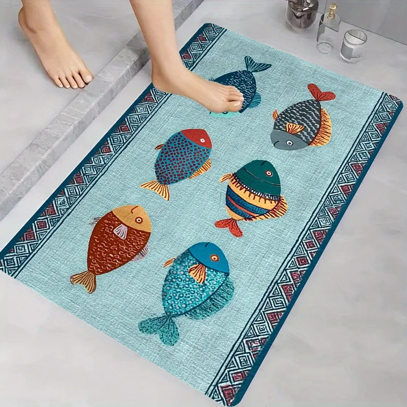 VIKAMA Bohemian Colorful Fish Bath Mat Ethnic Geometric Border Water Absorbent Non Slip Carpet Bathroom Shower Floor Rug