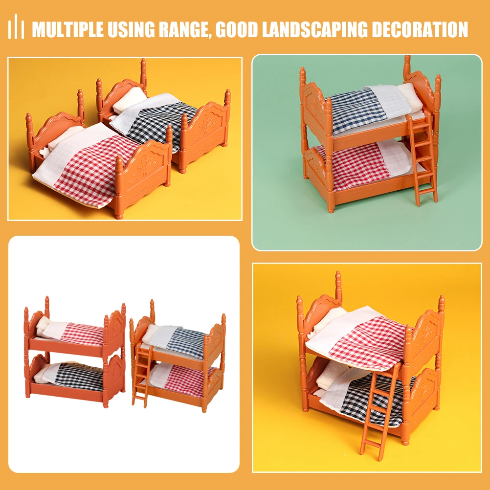 2 Sets Mini Bed Furniture Bunk Beds House Girl Plastic Cozy Bedroom Decor Model Ornament