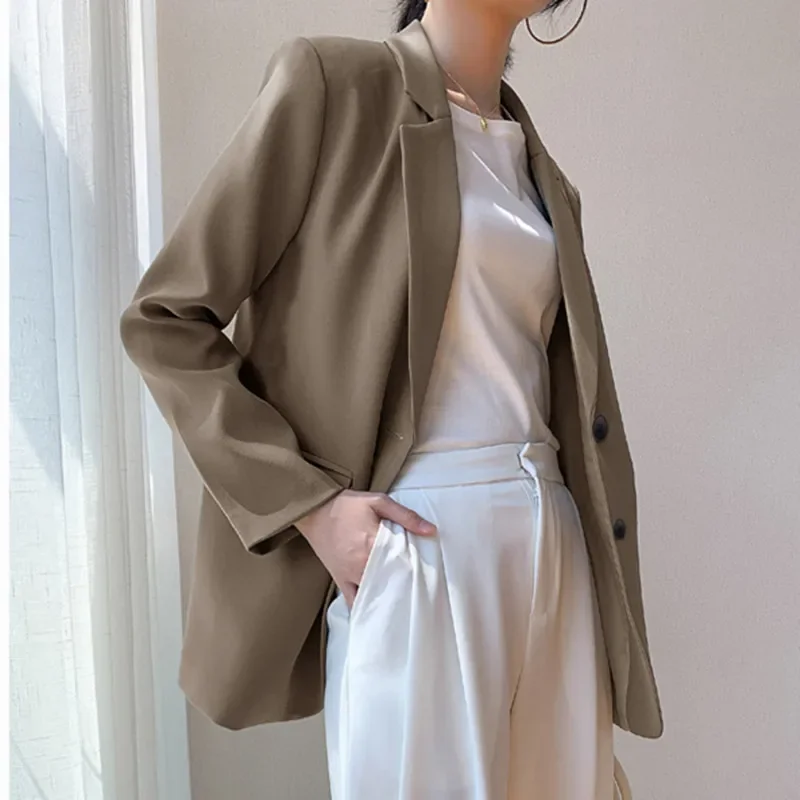 Khaki Suit Jacket for Women Autumn New Korean Loose Blazer Office Lady Tailored Collar Retro Chic Casual Solid Blazers Women