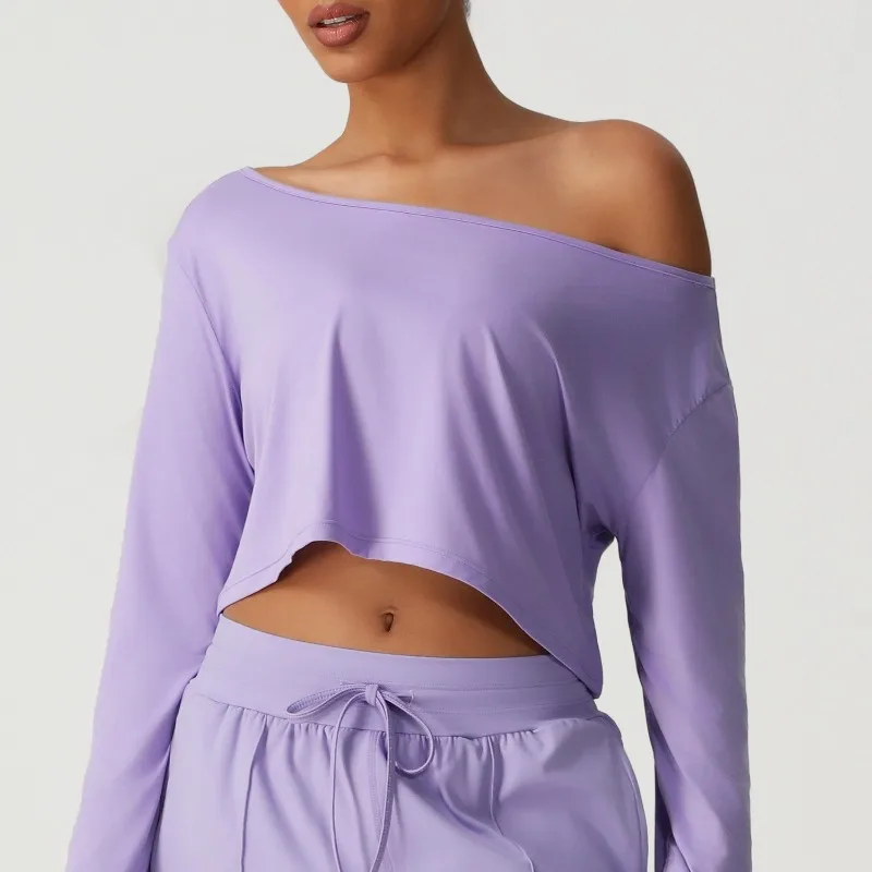 

Sean Tsing Women Sports T-shirts Off-the-shoulder Long-sleeved Casual Top Loose Yoga WearTraining Running Fitness Outfits Wear