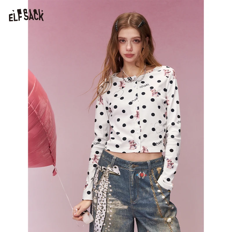 

ELFSACK Vintage Polka Dot Cardigan with Bear Print, Sweet Kawaii Long Sleeve Tee for Women, Cute Spring Casual Tops