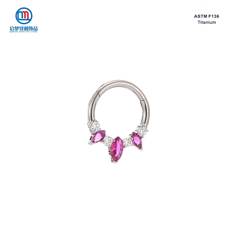 QM ASTM F136 Titanium Hinged Segment Hoop Nose Ring Clicker z przezroczystymi i rubinowymi kolczykami z cyrkoniami Biżuteria do przekłuwania ciała
