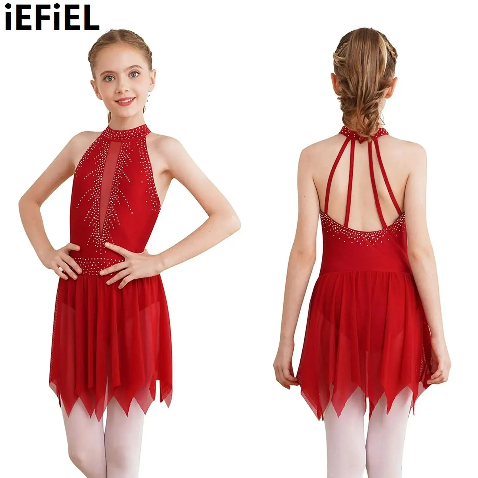 

Kids Girls Figure Ice Skating Dance Leotard Dress Backless Asymmetrical Mesh Skirt Shiny Rhinestone Dance Dress Costume