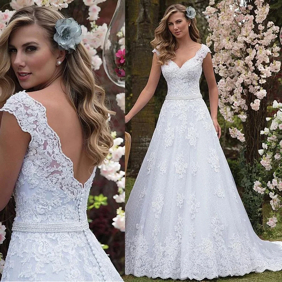 Personalizado a linha vestidos de casamento apliques manga boné vestido de noiva renda completa robe de mariée sem costas vestidos de novia