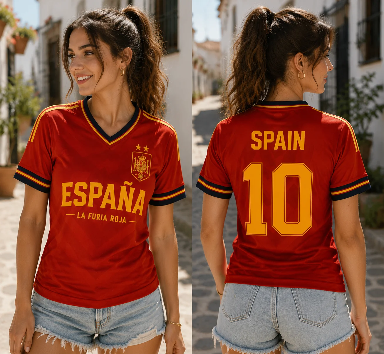 Two‑Star Spain La Furia Roja No.10 Football Jersey,3D‑Print España Fan Short‑Sleeve,Quick‑Dry Breathable Polyester Sports Tee
