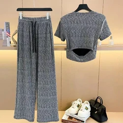 Summer Women's 2 Piece Suits Vintage Short Sleeve Shirts Casual Tops Elastic Waist Wide Leg Pants Women's Trousers