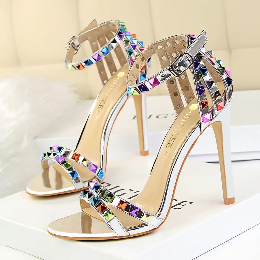 

Summer Women 11cm High Heels Rivets Studded Sandals Lady Sandles Stiletto Gladiator Pumps Open Toe Luxury Shoes