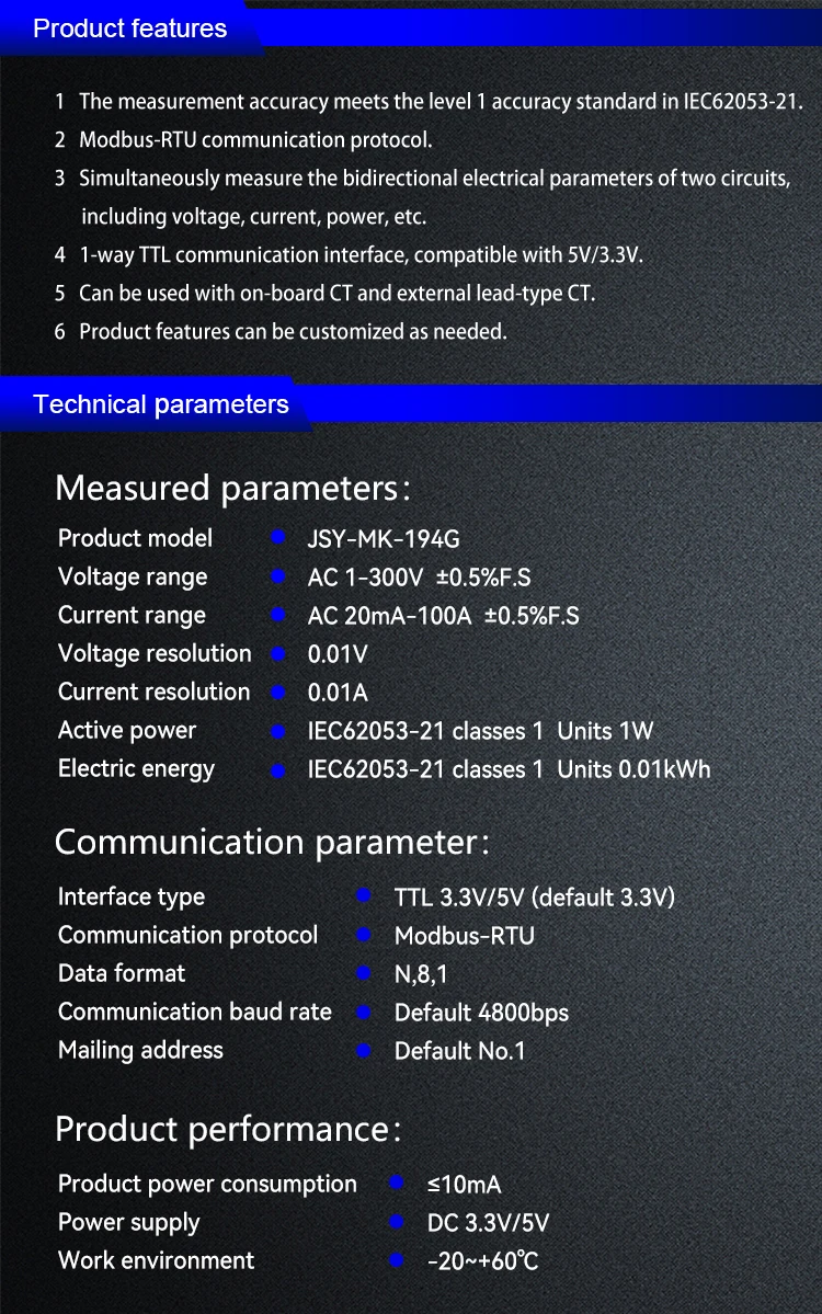 JSY-MK-194G AC 1P 20mA-100A Bidirektionales Energiemessmodul mit TTL Modbus-RTU (Alle Funktionen wie JSY-MK-194T) – Detail 3