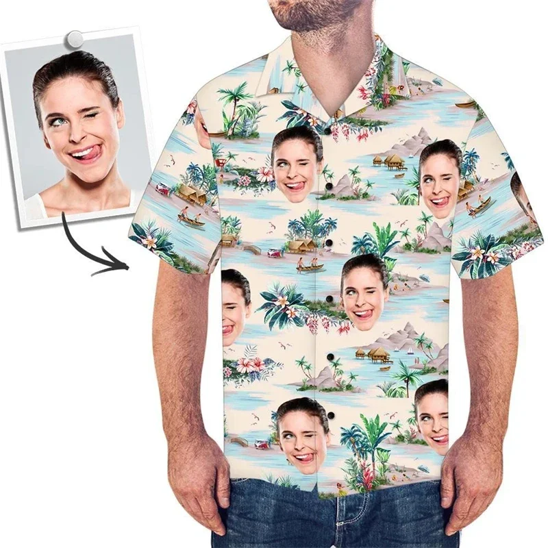 Funy Custom Image Graphic Shirts For Men Clothes Hawaii Diy Photo 3D Print Female Lapel Blouse Personalized Design Short Sleeve